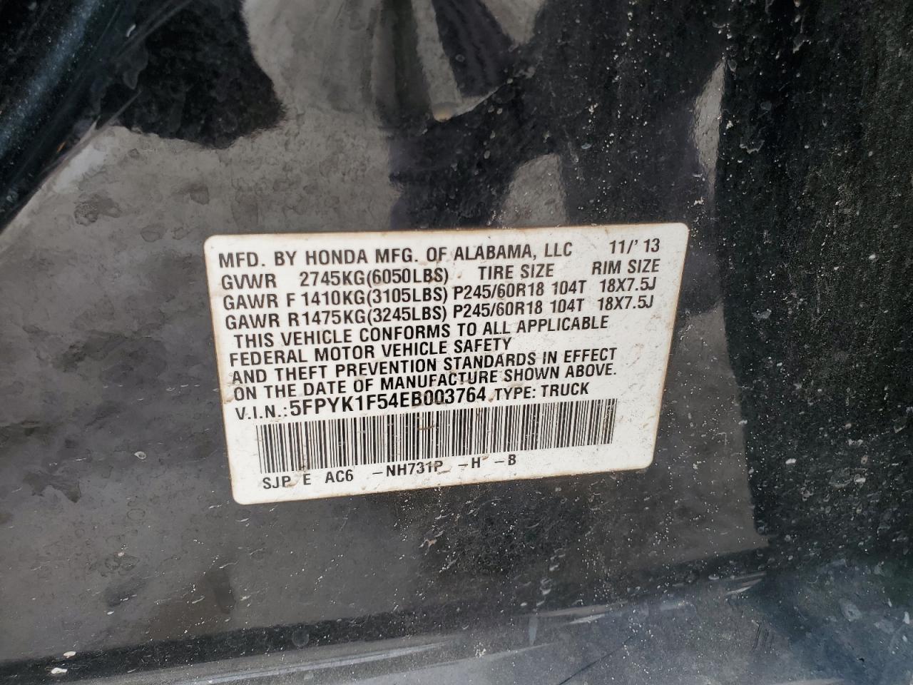 2014 Honda Ridgeline Rtl VIN: 5FPYK1F54EB003764 Lot: 80080155