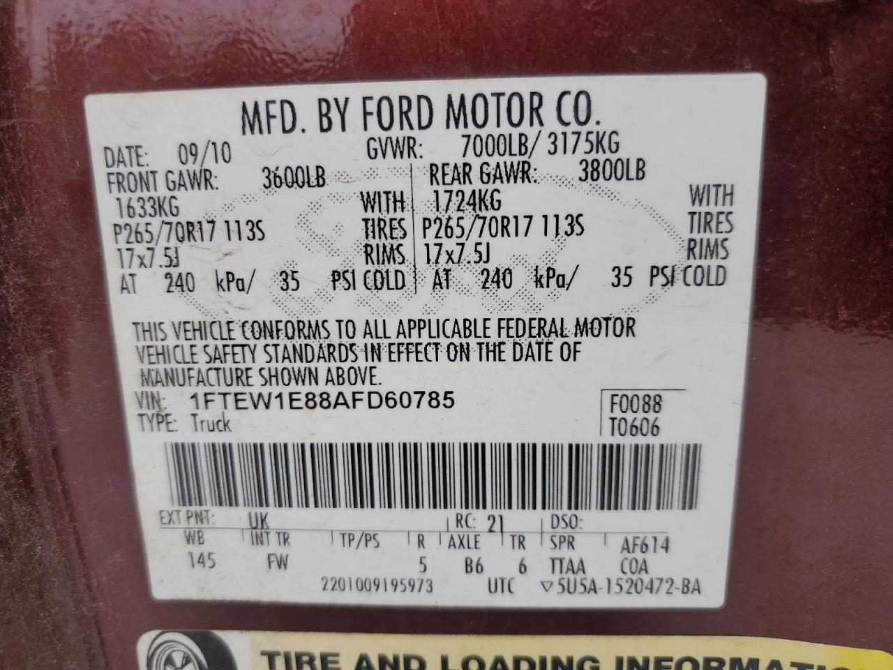 2010 Ford F150 Supercrew VIN: 1FTEW1E88AFD60785 Lot: 84013095