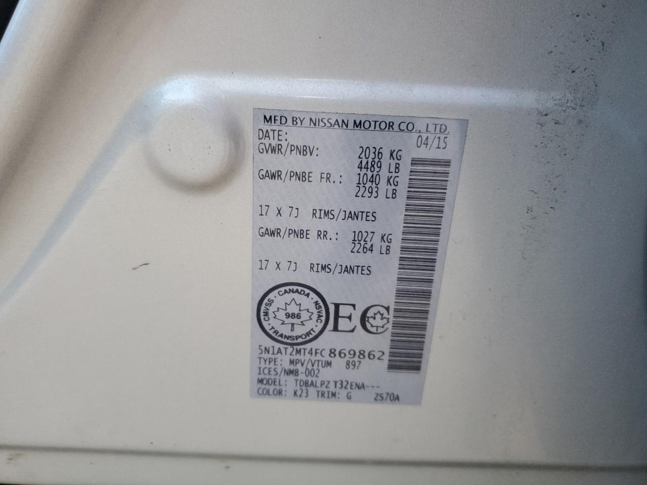 2015 Nissan Rogue S VIN: 5N1AT2MT4FC869862 Lot: 81379675