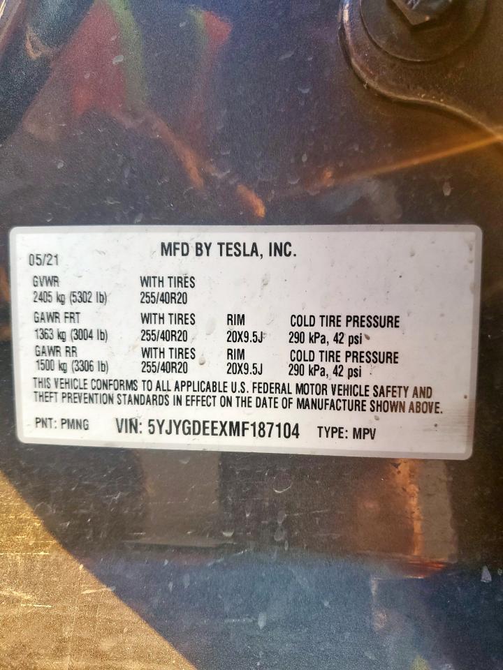 2021 Tesla Model Y VIN: 5YJYGDEEXMF187104 Lot: 80794385