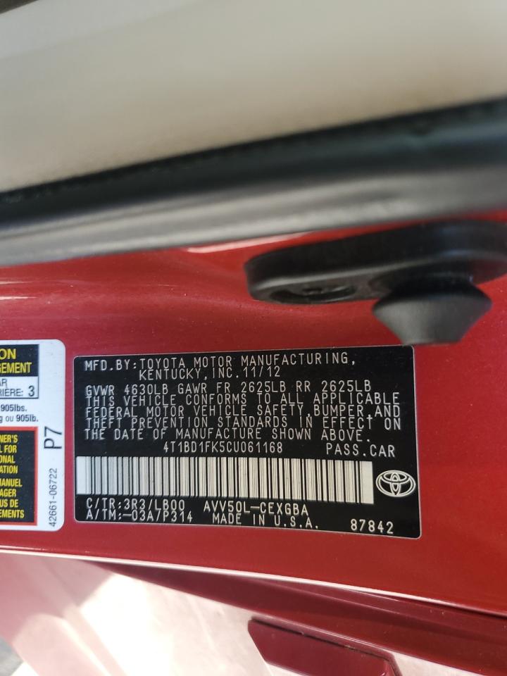 2012 Toyota Camry Hybrid VIN: 4T1BD1FK5CU061168 Lot: 80611075
