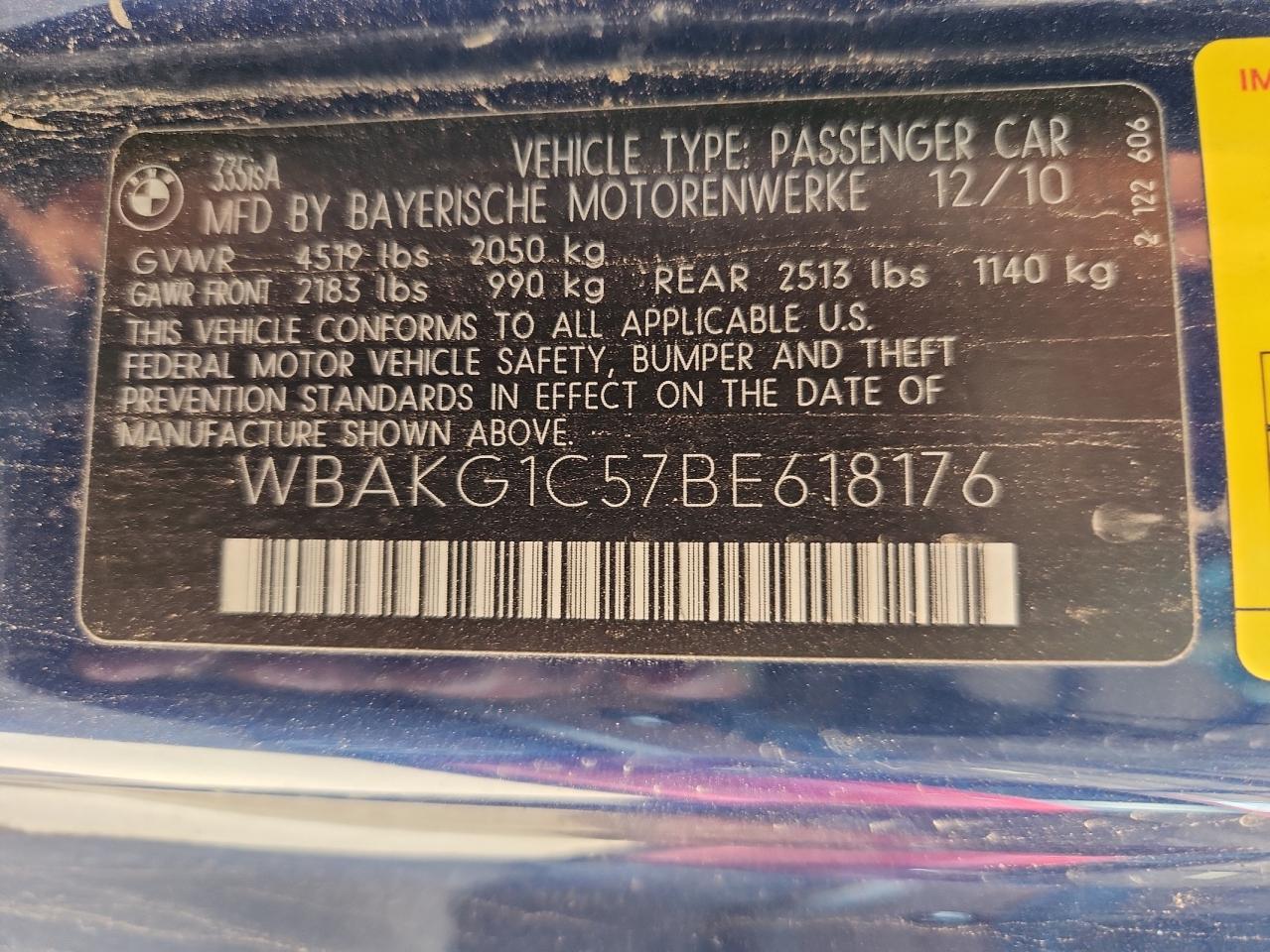 2011 BMW 335 Is VIN: WBAKG1C57BE618176 Lot: 82085675