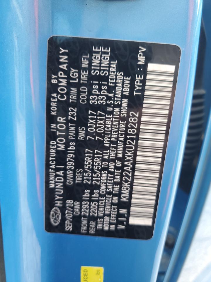 2019 Hyundai Kona Sel VIN: KM8K22AAXKU218282 Lot: 81681965