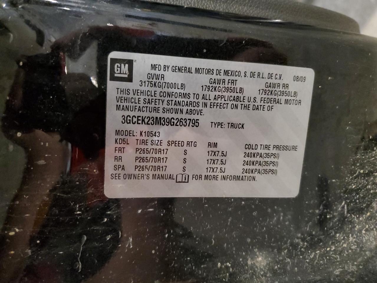 2009 Chevrolet Silverado K1500 Lt VIN: 3GCEK23M39G263795 Lot: 71188675