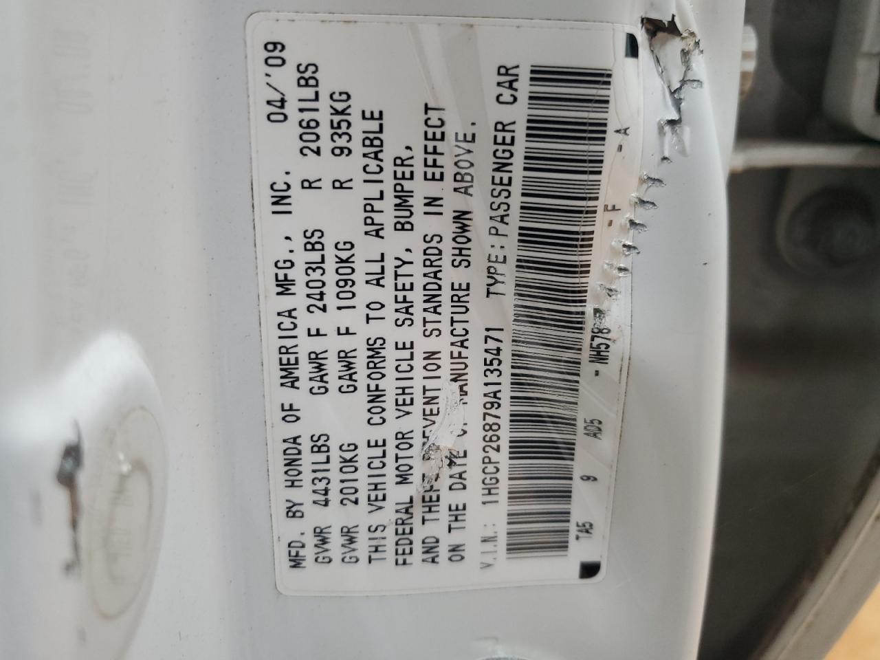 2009 Honda Accord Exl VIN: 1HGCP26879A135471 Lot: 71921135