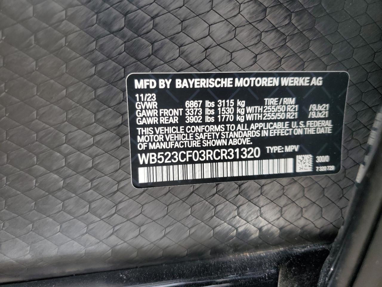 2024 BMW Ix xDrive50 VIN: WB523CF03RCR31320 Lot: 72074485