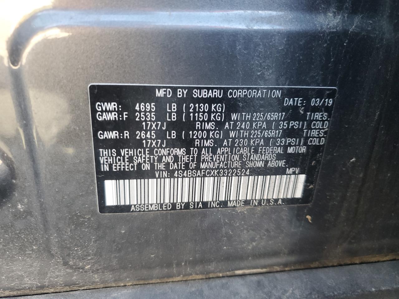 2019 Subaru Outback 2.5I Premium VIN: 4S4BSAFCXK3322524 Lot: 83937485