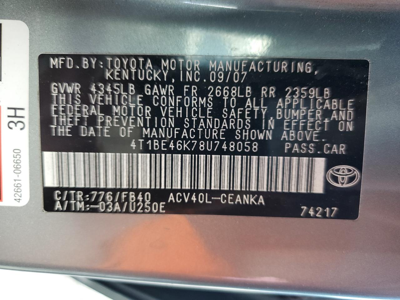 2008 Toyota Camry Ce VIN: 4T1BE46K78U748058 Lot: 81836085