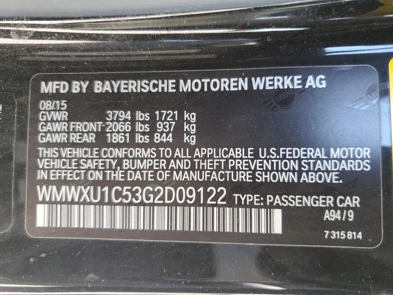 2016 Mini Cooper VIN: WMWXU1C53G2D09122 Lot: 81702145