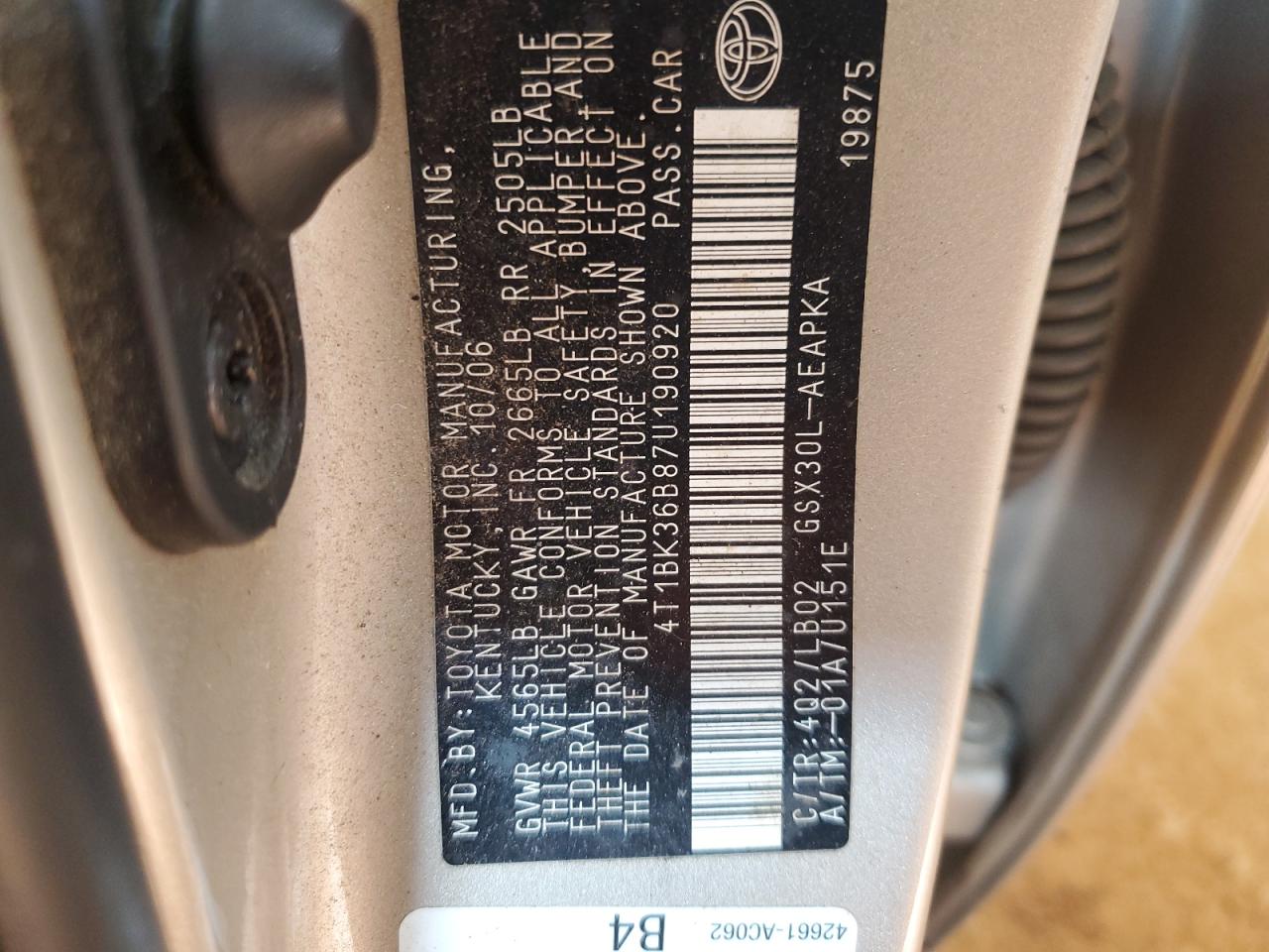 2007 Toyota Avalon Xl VIN: 4T1BK36B87U190920 Lot: 81750605