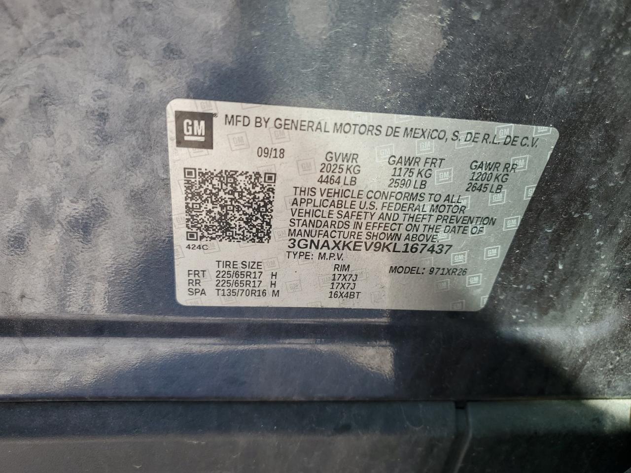 2019 Chevrolet Equinox Lt VIN: 3GNAXKEV9KL167437 Lot: 71418015