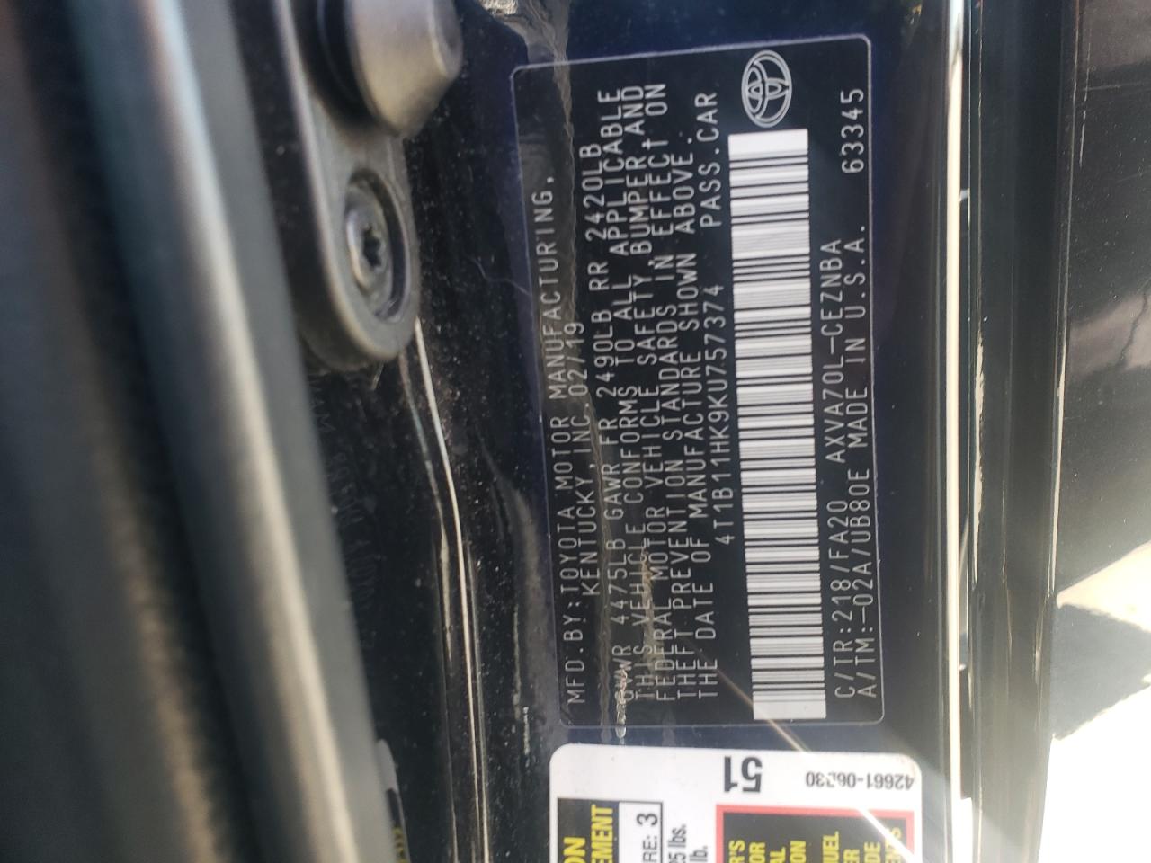 2019 Toyota Camry L VIN: 4T1B11HK9KU757374 Lot: 84364105