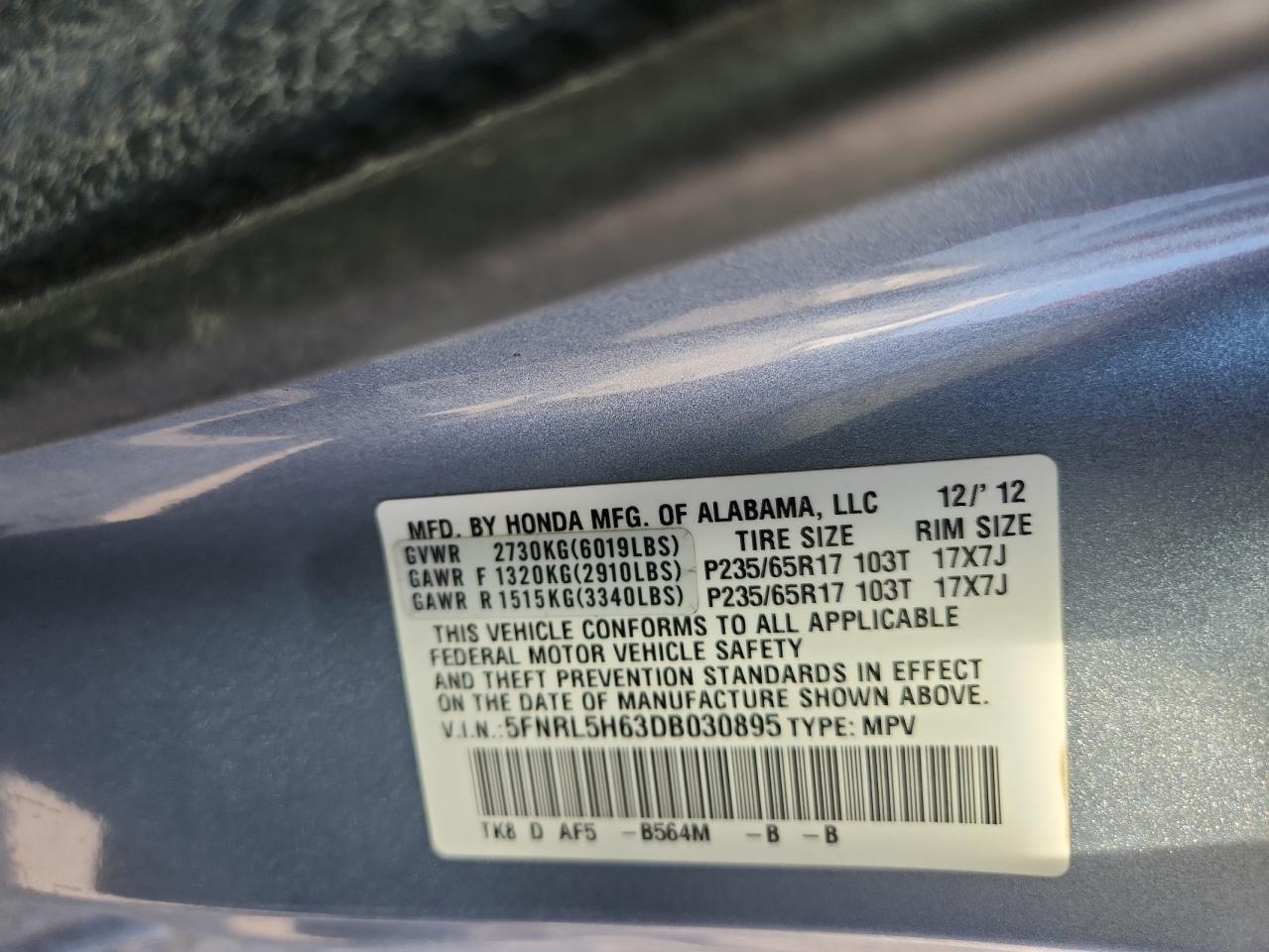 2013 Honda Odyssey Exl VIN: 5FNRL5H63DB030895 Lot: 71099185