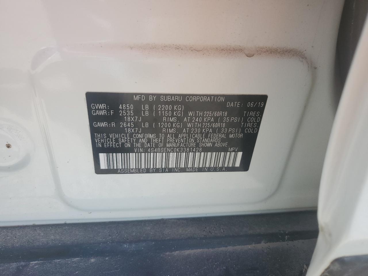 2019 Subaru Outback 3.6R Limited VIN: 4S4BSENC0K3381428 Lot: 81860155