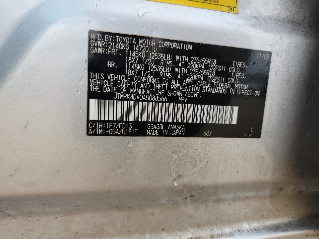 2010 Toyota Rav4 Sport VIN: JTMRK4DV0A5088566 Lot: 81439165