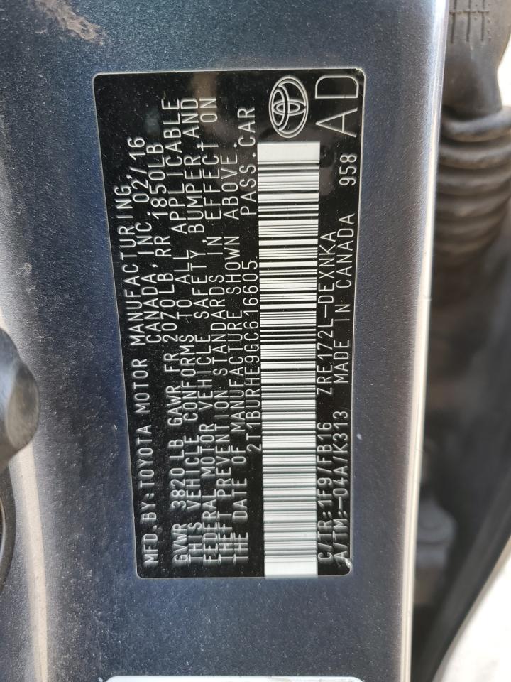 2016 Toyota Corolla L VIN: 2T1BURHE9GC616605 Lot: 81069865