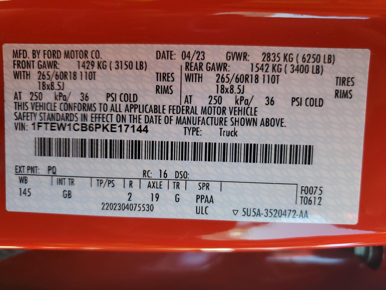 2023 Ford F150 Supercrew VIN: 1FTEW1CB6PKE17144 Lot: 70763315