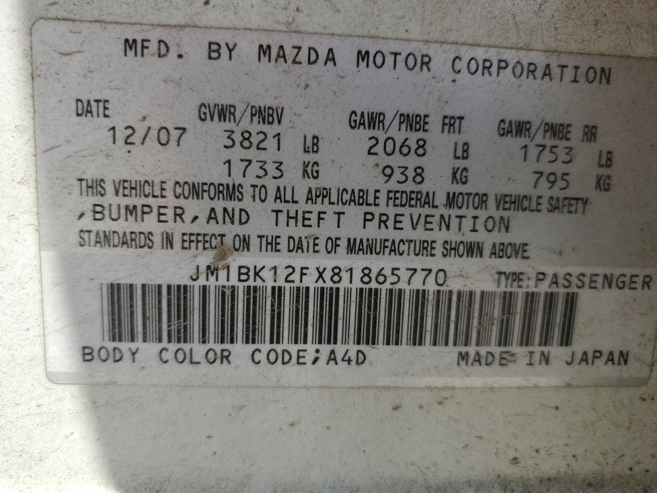 2008 Mazda 3 I VIN: JM1BK12FX81865770 Lot: 80208985