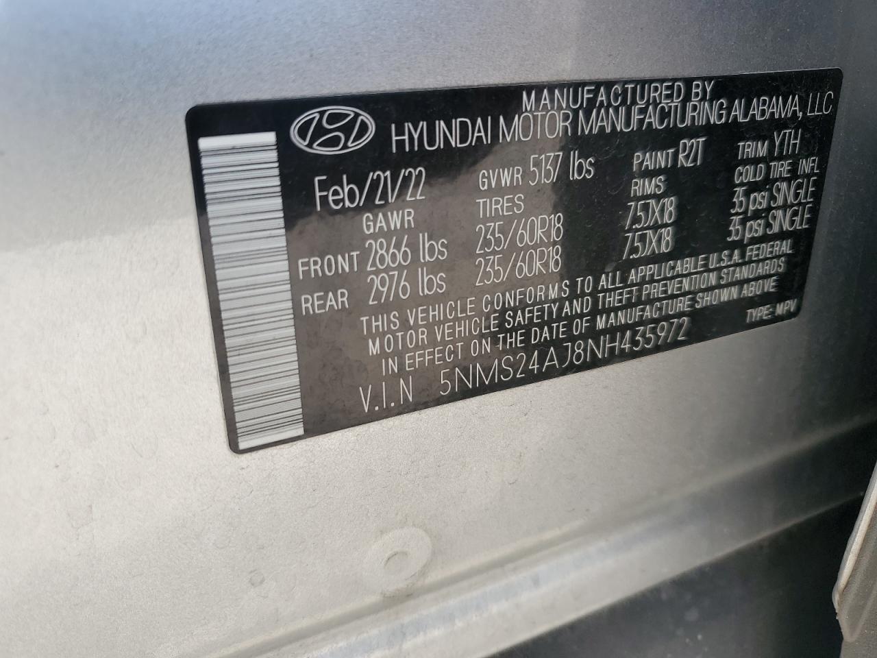 2022 Hyundai Santa Fe Sel VIN: 5NMS24AJ8NH435972 Lot: 71404325