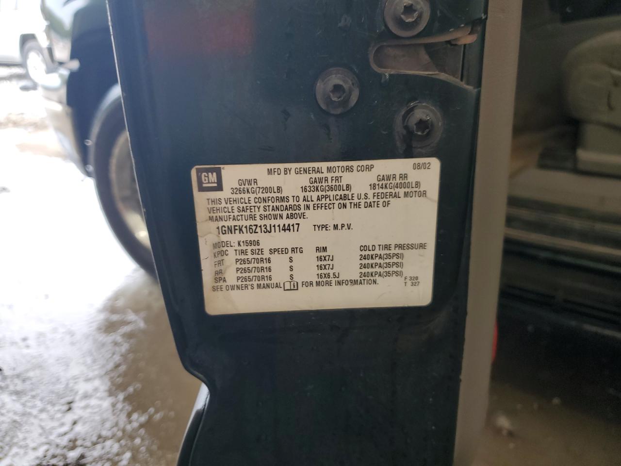 2003 Chevrolet Suburban K1500 VIN: 1GNFK16Z13J114417 Lot: 81545855