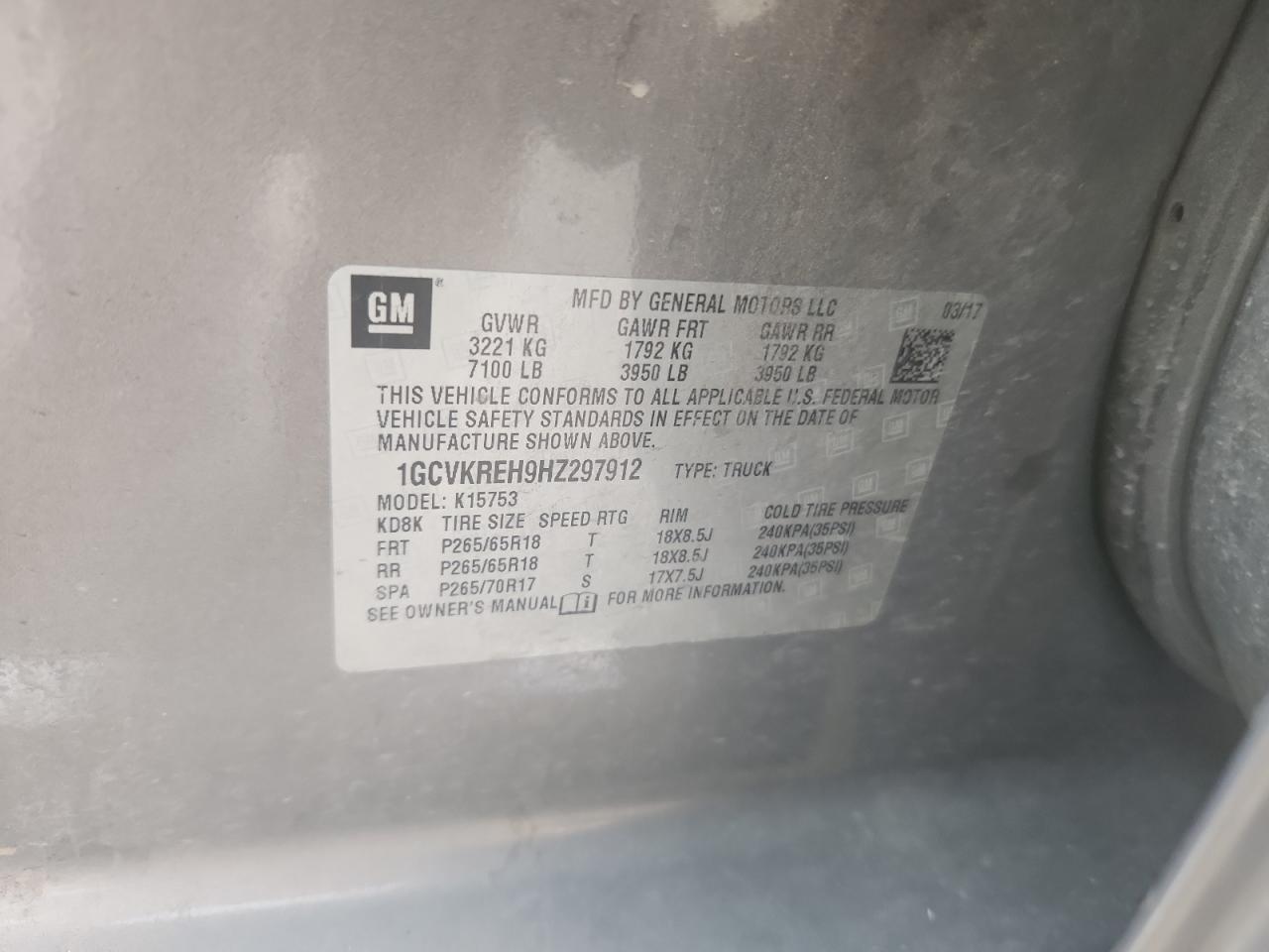 2017 Chevrolet Silverado K1500 Lt VIN: 1GCVKREH9HZ297912 Lot: 81733875