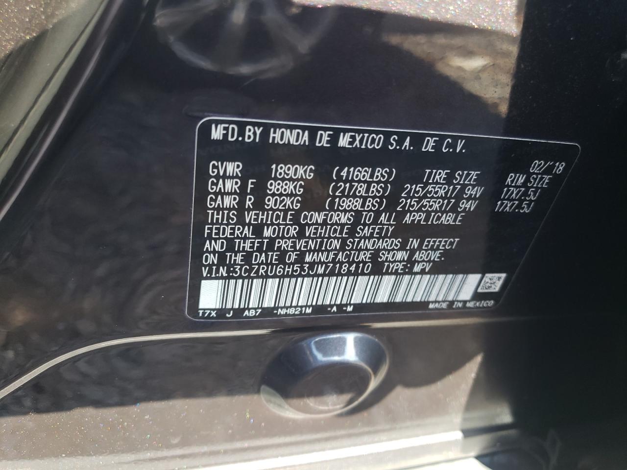 2018 Honda Hr-V Ex VIN: 3CZRU6H53JM718410 Lot: 82022135