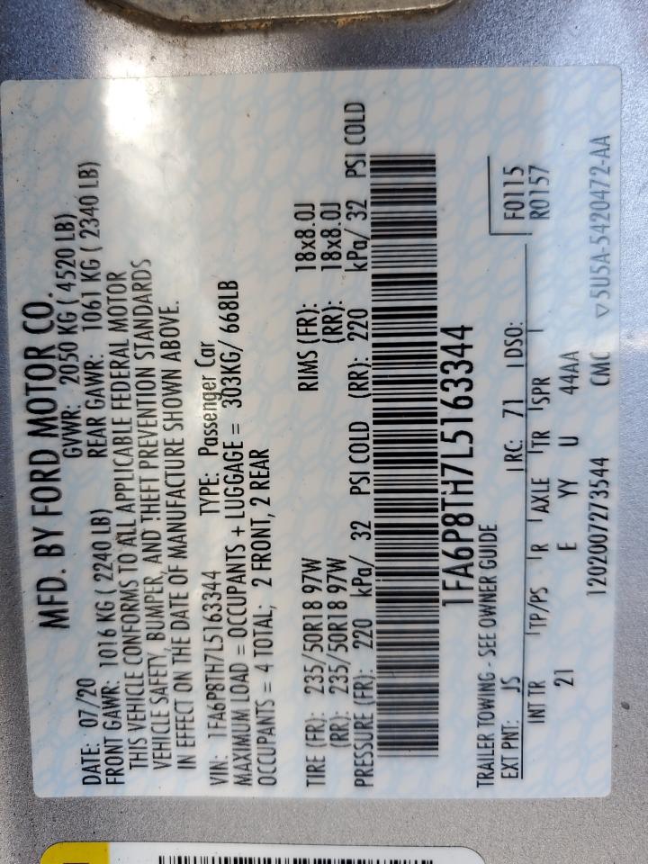 2020 Ford Mustang VIN: 1FA6P8TH7L5163344 Lot: 84245505