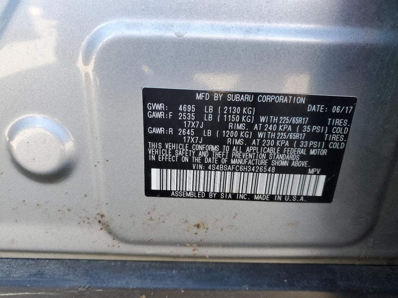 2017 Subaru Outback 2.5I Premium VIN: 4S4BSAFC6H3426548 Lot: 84234565