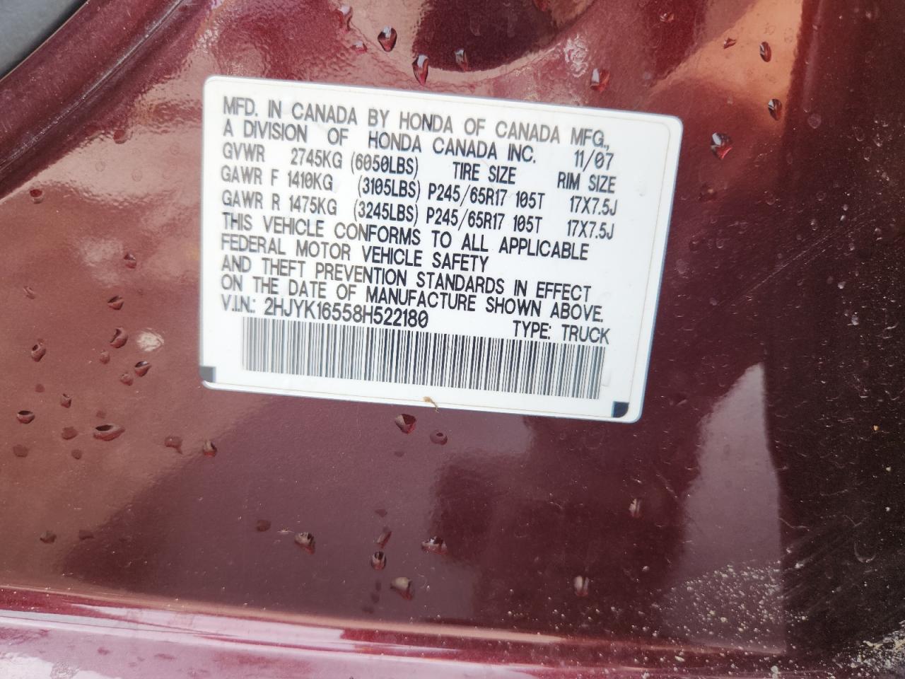 2008 Honda Ridgeline Rtl VIN: 2HJYK16558H522180 Lot: 81512955