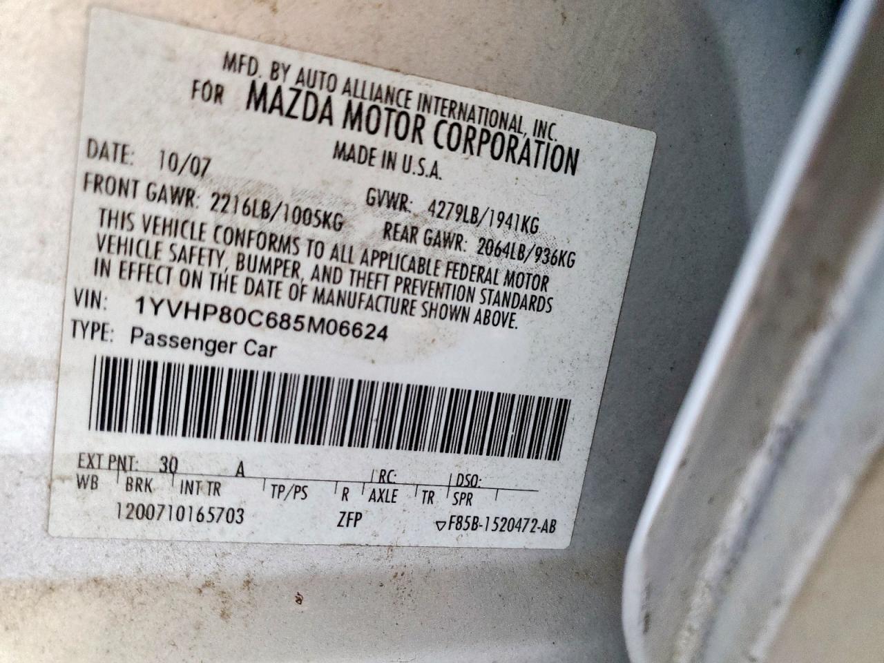 2008 Mazda 6 I VIN: 1YVHP80C685M06624 Lot: 71690435