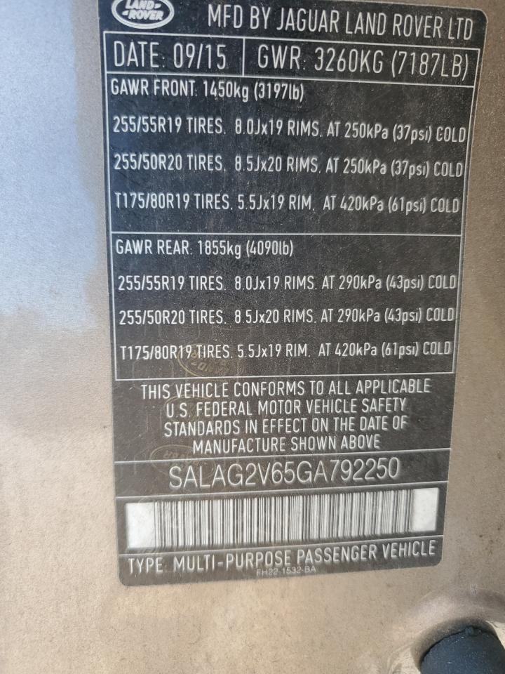 2016 Land Rover Lr4 Hse VIN: SALAG2V65GA792250 Lot: 80634735