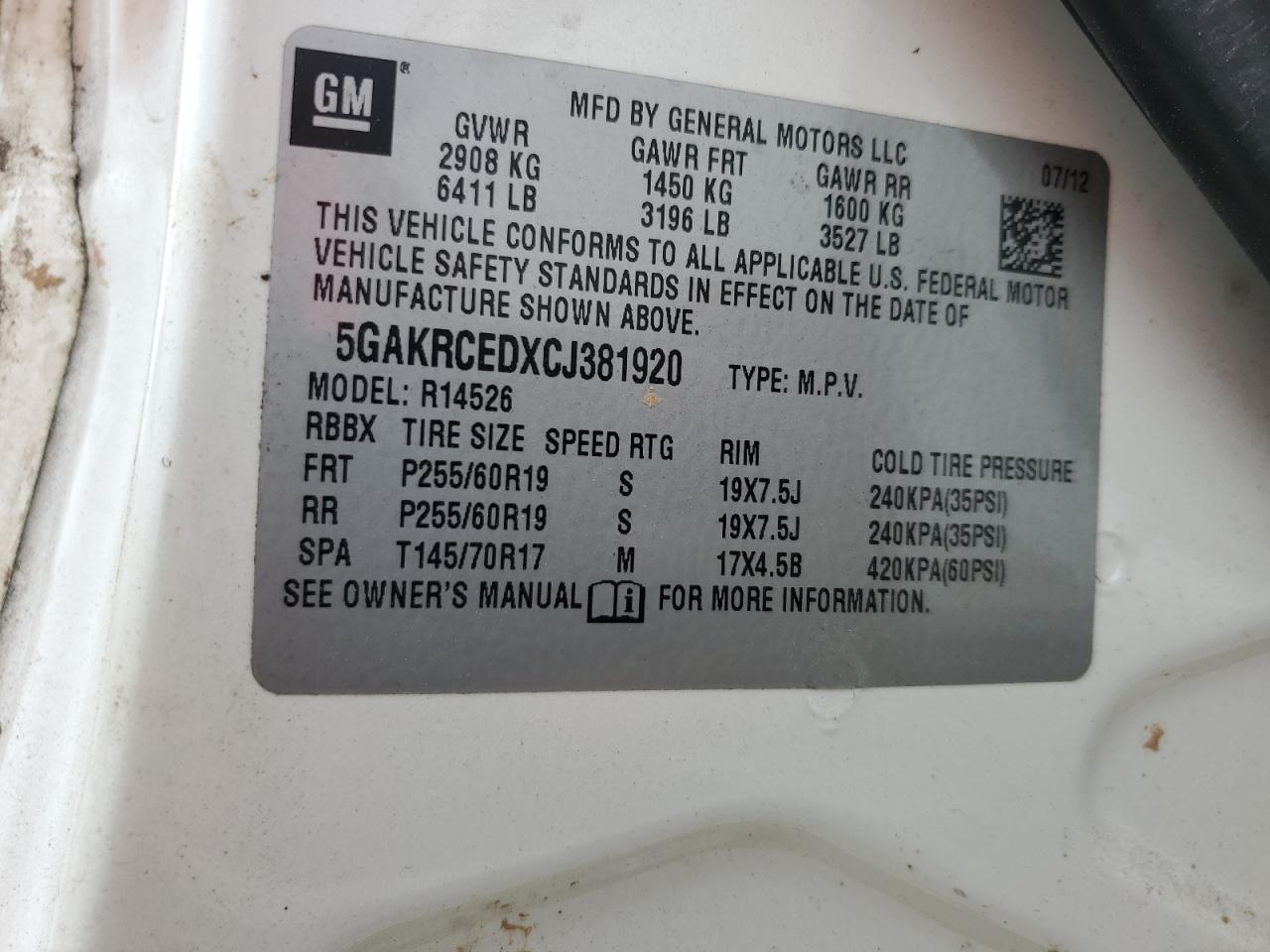 2012 Buick Enclave VIN: 5GAKRCEDXCJ381920 Lot: 70934895
