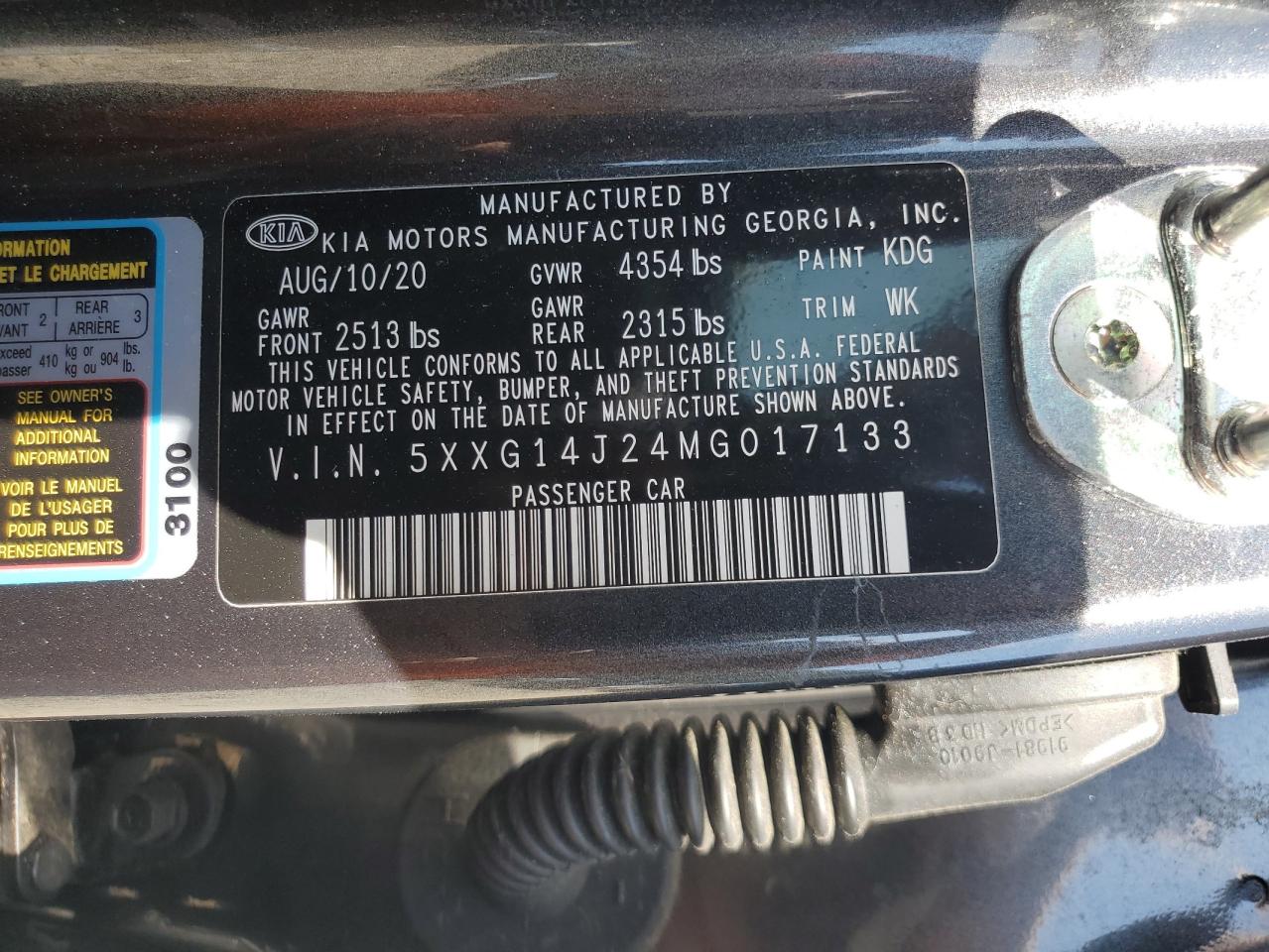 2021 Kia K5 Lxs VIN: 5XXG14J24MG017133 Lot: 71915885