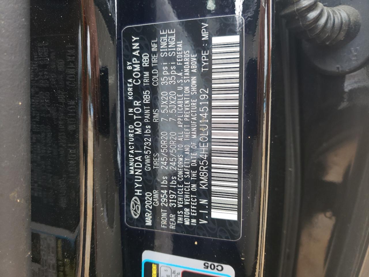 2020 Hyundai Palisade Limited VIN: KM8R54HE0LU145192 Lot: 84267175