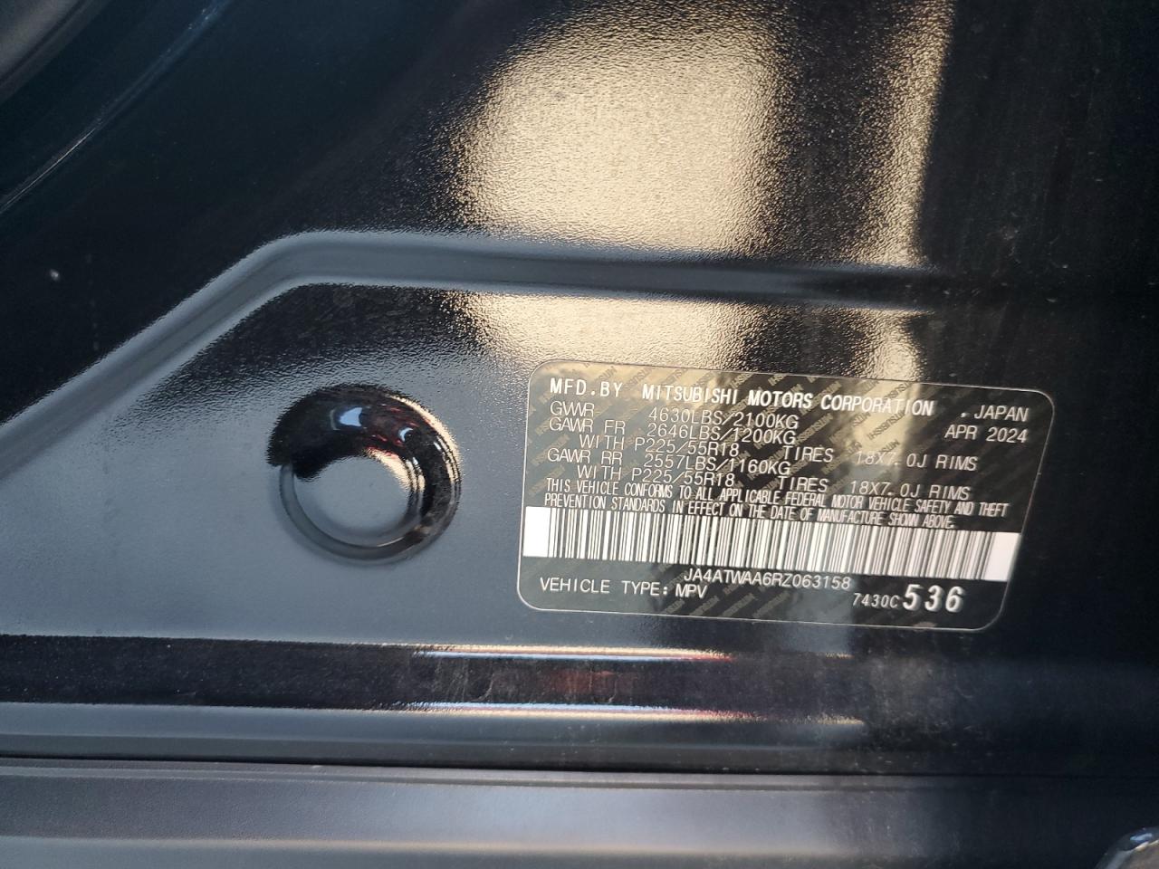 2024 Mitsubishi Eclipse Cross Se VIN: JA4ATWAA6RZ063158 Lot: 71838575