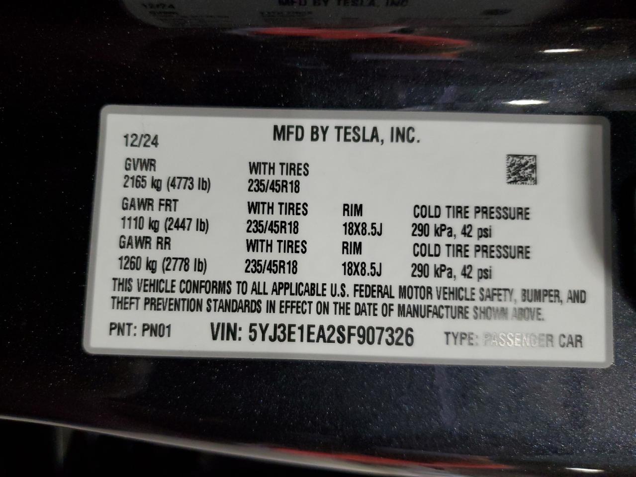 2025 Tesla Model 3 VIN: 5YJ3E1EA2SF907326 Lot: 70354685