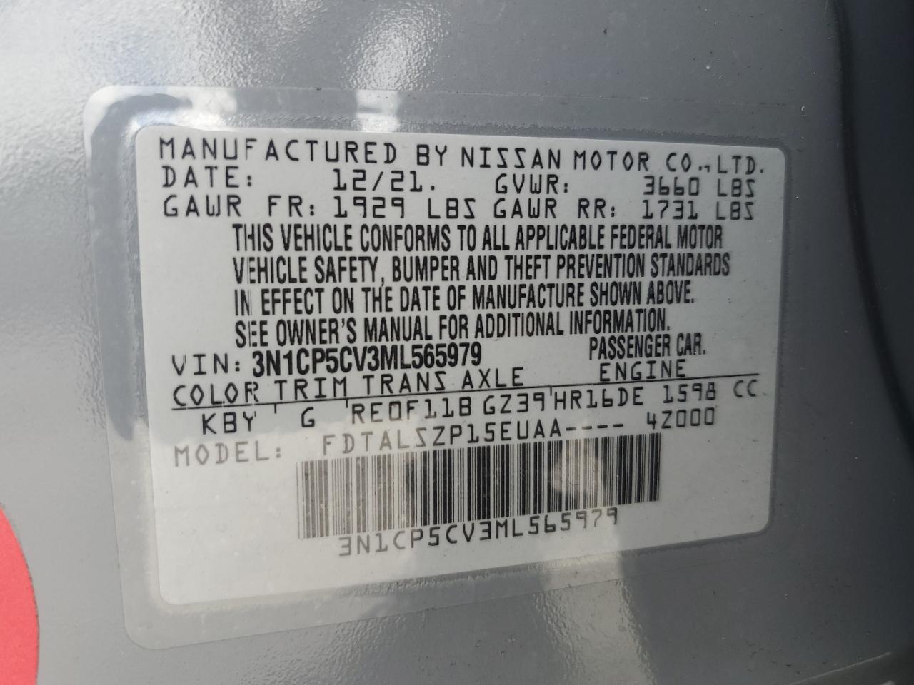 2021 Nissan Kicks Sv VIN: 3N1CP5CV3ML565979 Lot: 81377245