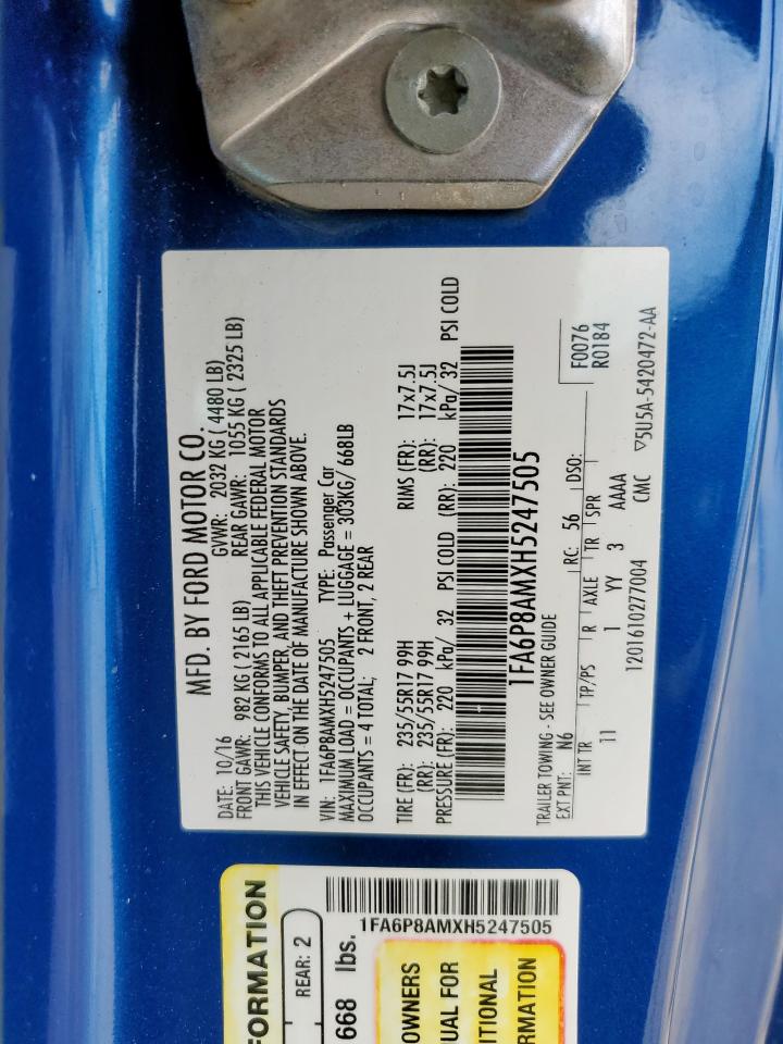 2017 Ford Mustang VIN: 1FA6P8AMXH5247505 Lot: 84551235