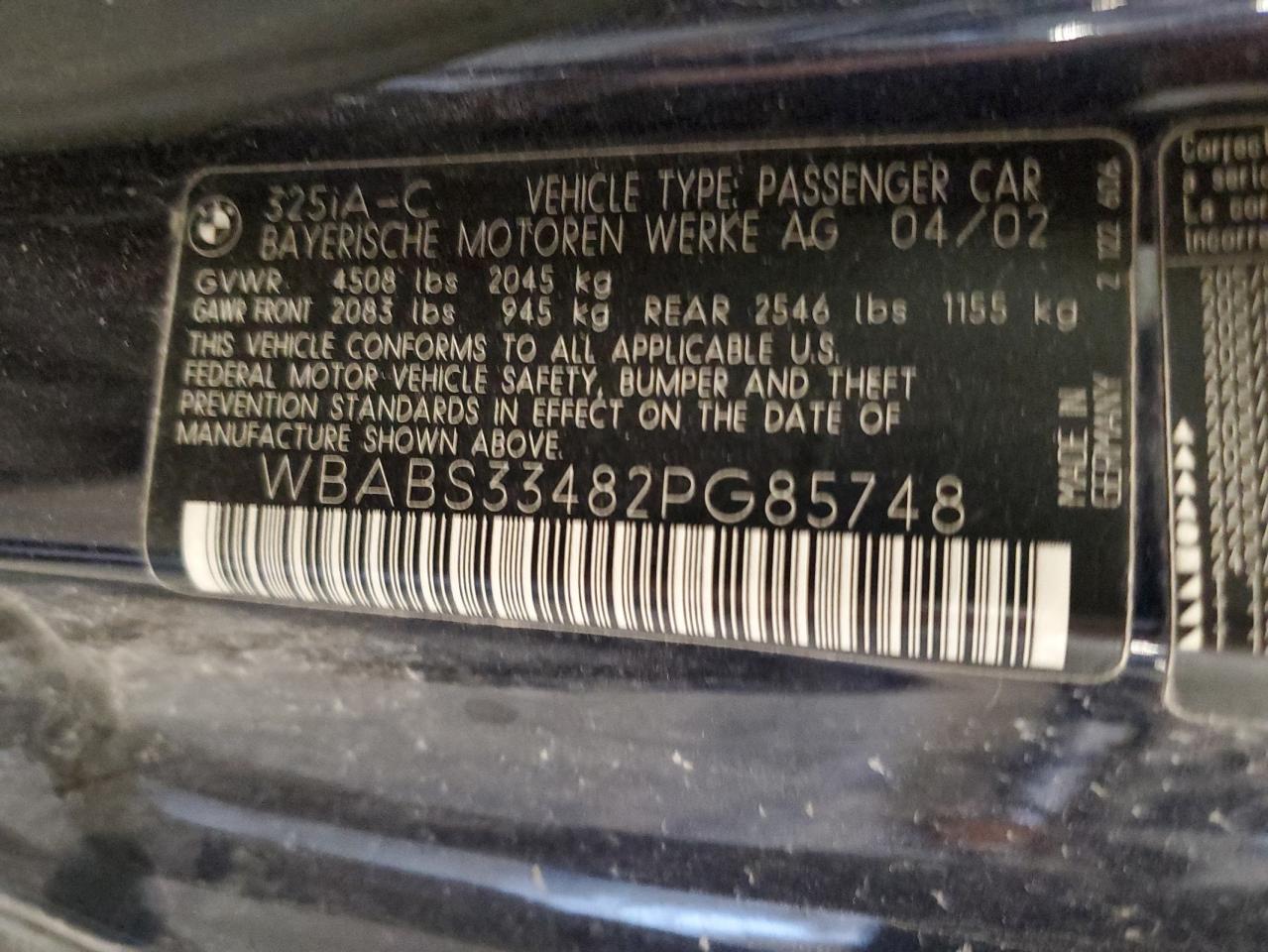 2002 BMW 325 Ci VIN: WBABS33482PG85748 Lot: 81785775