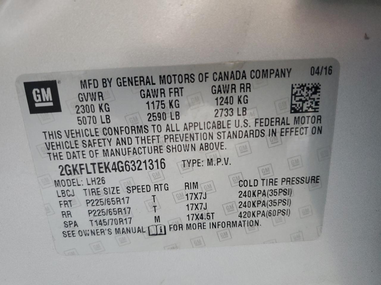 2016 GMC Terrain Sle VIN: 2GKFLTEK4G6321316 Lot: 71964105