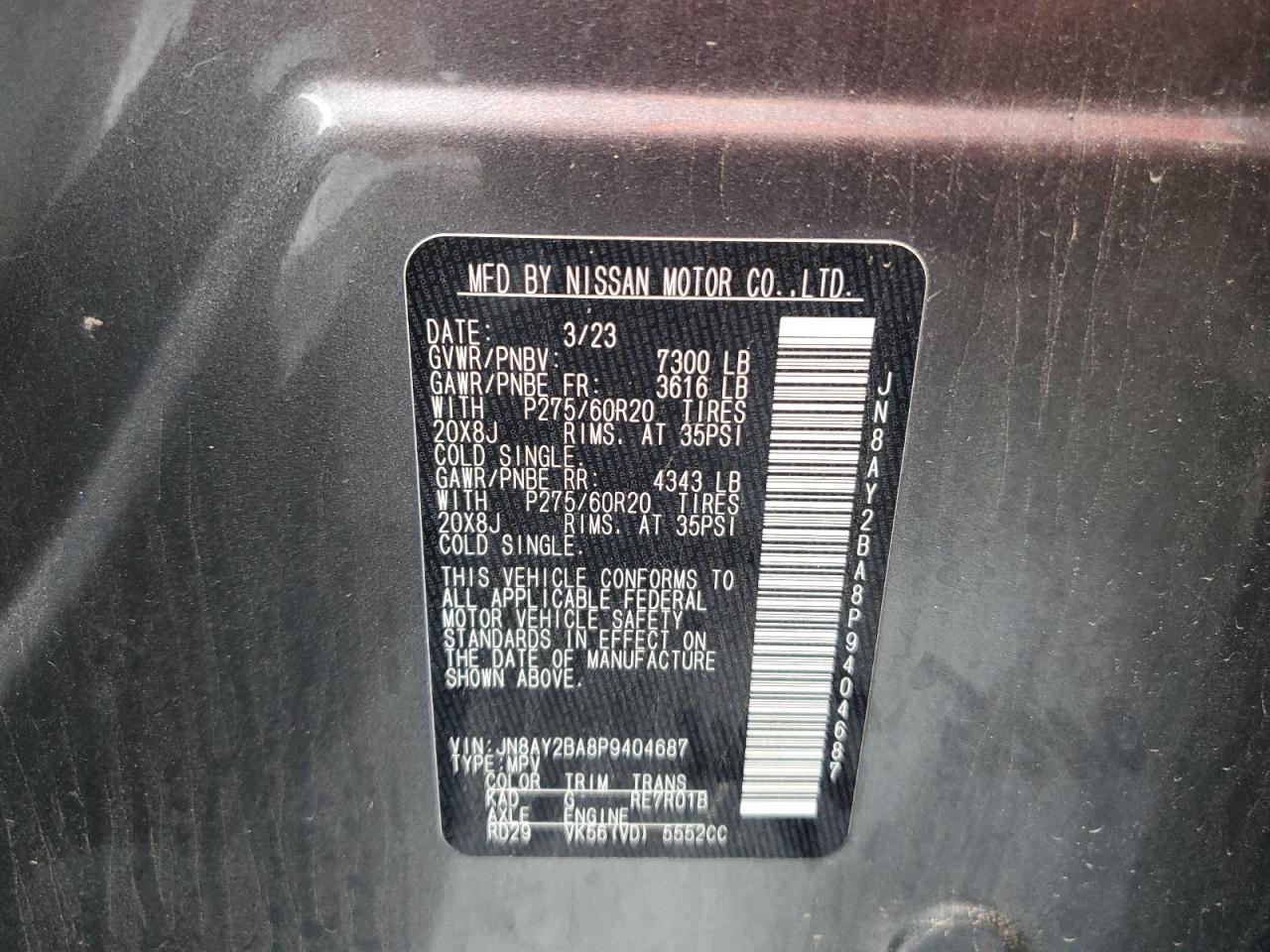 2023 Nissan Armada Sl VIN: JN8AY2BA8P9404687 Lot: 81324405