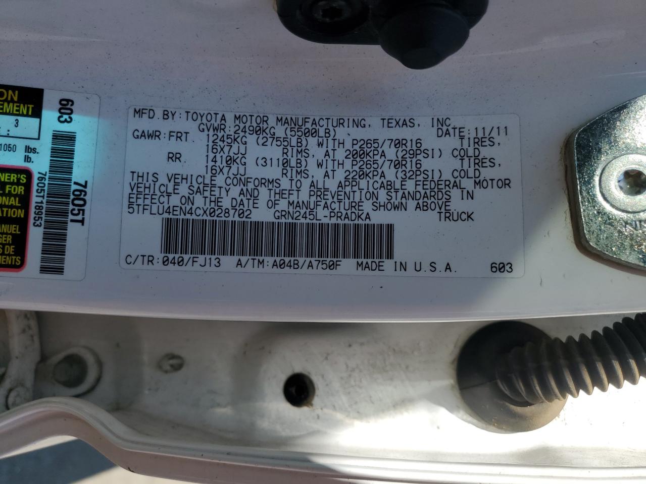 2012 Toyota Tacoma Double Cab VIN: 5TFLU4EN4CX028702 Lot: 80205715