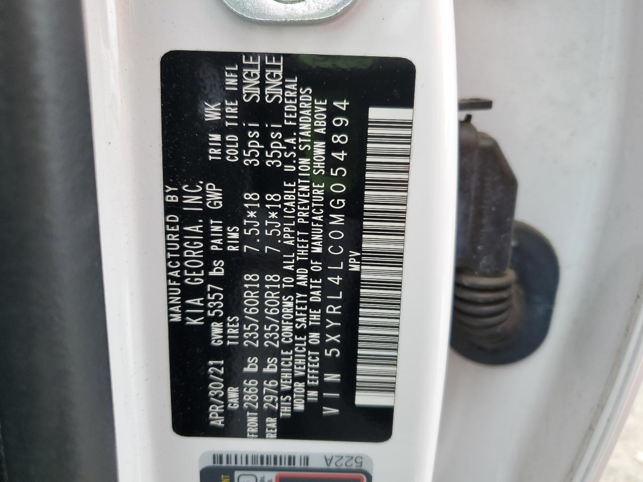 2021 Kia Sorento S VIN: 5XYRL4LC0MG054894 Lot: 83925645