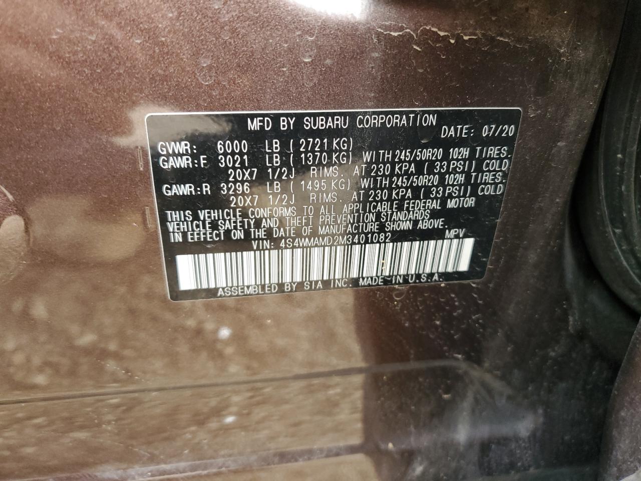 2021 Subaru Ascent Limited VIN: 4S4WMAMD2M3401082 Lot: 84565735