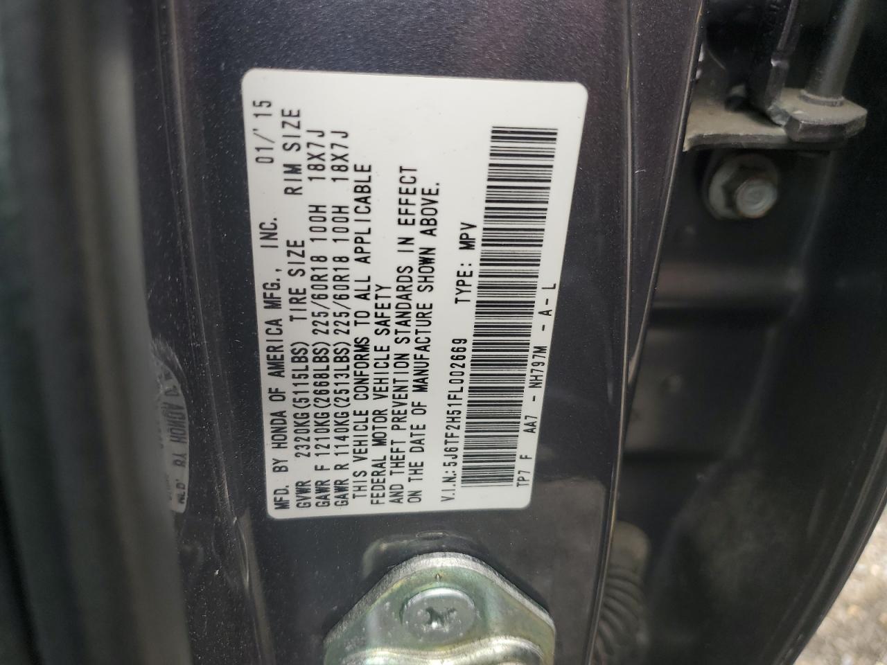 2015 Honda Crosstour Exl VIN: 5J6TF2H51FL002669 Lot: 83978505