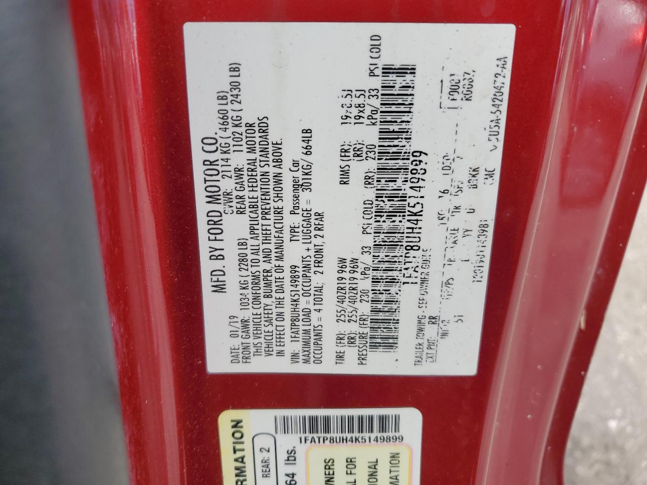 2019 Ford Mustang VIN: 1FATP8UH4K5149899 Lot: 80247045