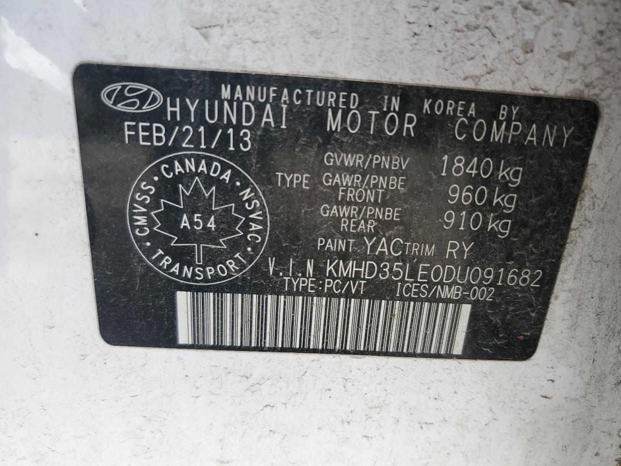 2013 Hyundai Elantra Gt VIN: KMHD35LE0DU091682 Lot: 71675085