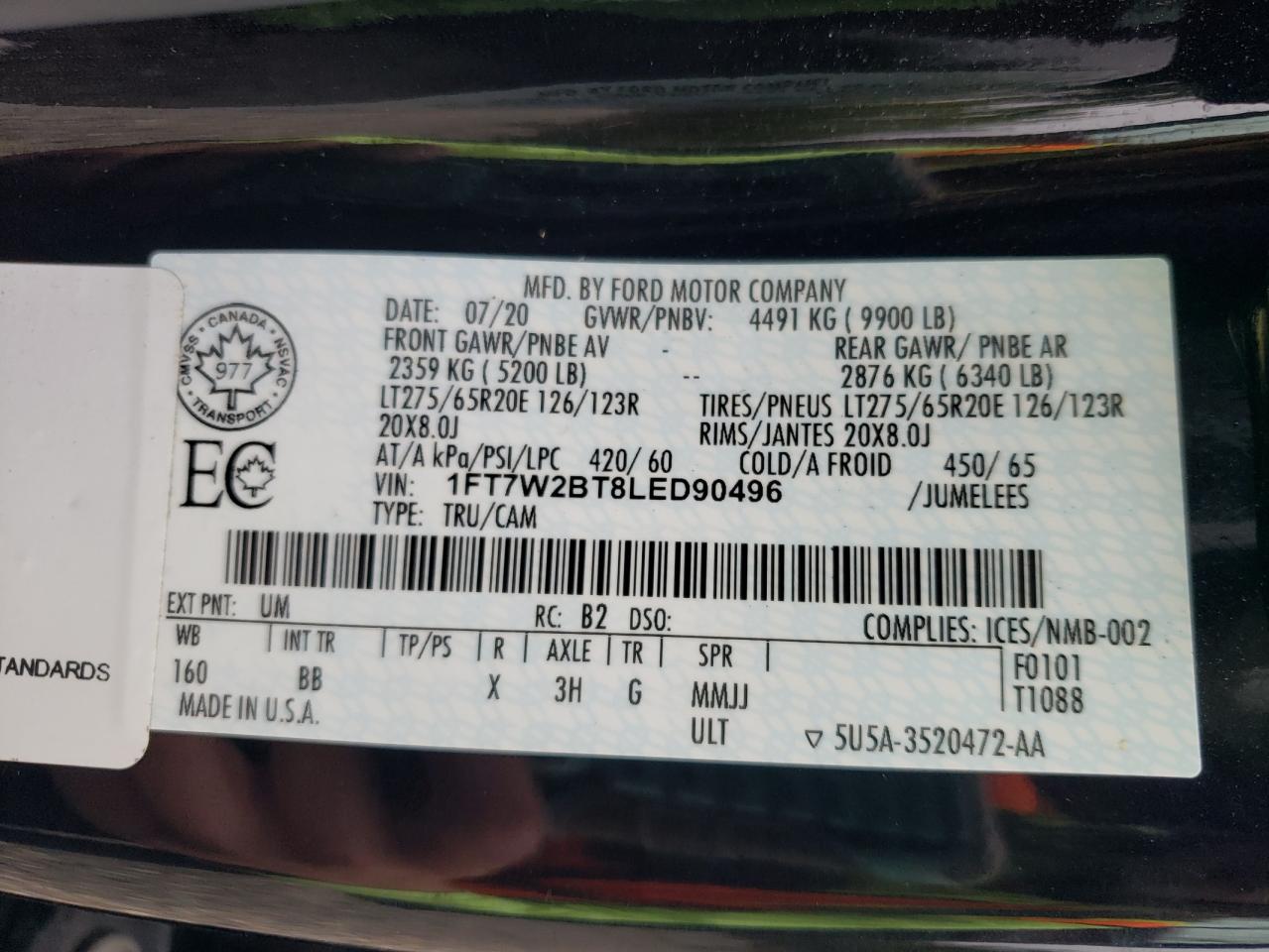 2020 Ford F250 Super Duty VIN: 1FT7W2BT8LED90496 Lot: 72040925