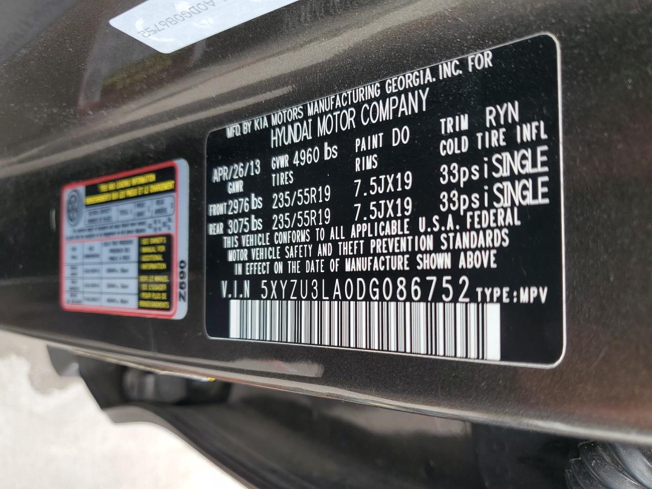 2013 Hyundai Santa Fe Sport VIN: 5XYZU3LA0DG086752 Lot: 82167485