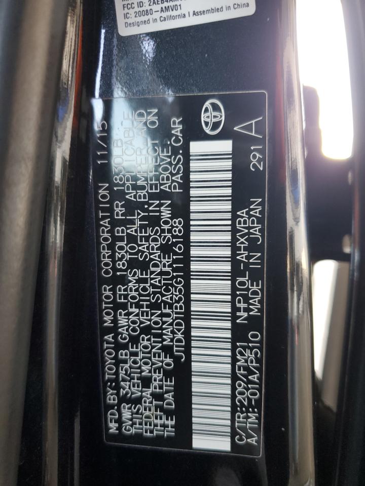 2016 Toyota Prius C VIN: JTDKDTB35G1116188 Lot: 80757695